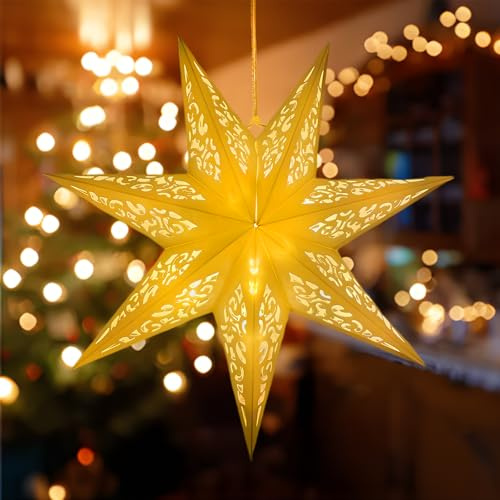 Weihnachtsstern Beleuchtet, 45 cm 3D Faltbarer Papierstern Hängende Weihnachtsstern Beleuchtet, Weihnachtsdeko Innen Papierstern Beleuchtung, Weihnachten Party Stern Lichterkette (Form)