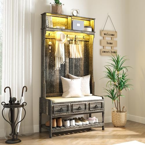 yoofun 67” Farmhouse Coat Racks with Shoe Storage, Auto Sensor Wood Hall Tree with LED Lights, 3-in-1 Entryway Bench, Hooks and Drawers for Hallway, Living Room, Bedroom