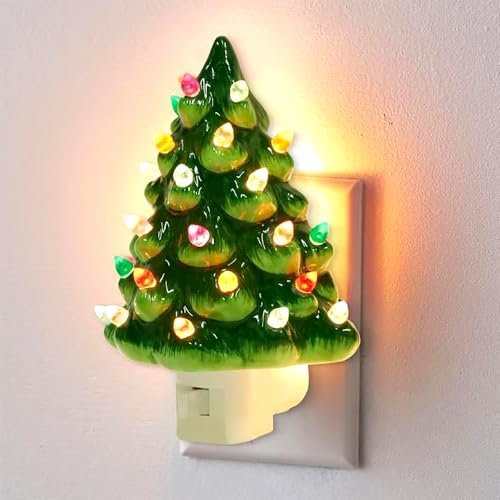 XMZYHC Ceramic Christmas Tree Night Light,Decorative Xmas Tree Nightlight with Lamp,Plug in Ceramic Vintage Night Light,Christmas Tree with Multicolor Bulbs for Home Bedroom Decor (1PC)