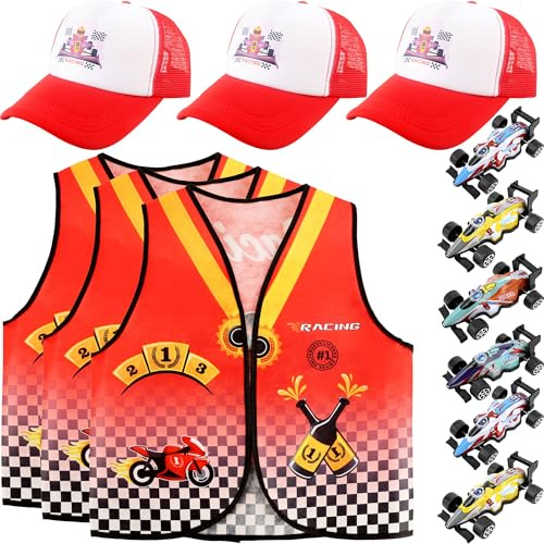 Flotory 12 Pcs Kids Race Car Driver Costume Racer Vest Car Cap Pull Back Cars Racer Dress Up Vest Set for Boys Girls Race Theme Party Halloween Role Play
