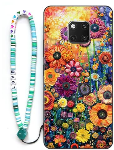 Sinyunron Hülle Kompatibel mit Huawei Mate 20 Pro Handyhülle 2-in-1 Hybrid Set [Stoßfeste TPU Schutzhülle+Gemusterte Rückseite],Handy Schutzschale mit Buntes Schlüsselband,Bunte Blumen
