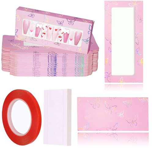 71 PCS Press on Nail Packaging with 35 PCS Shiny White Cardboard and 1 Double Sided Tape Nail Supplies for Nail Business (Pink, medium)