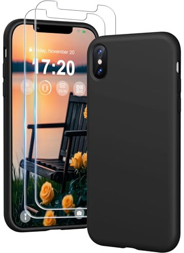 PuyaTeya 3 in 1 Hülle für iPhone X/XS, mit 2 Stück 9H Panzerglas Premium Liquid Silikon Hülle, mit 4-Layer stoßfeste abriebfestes, Soft Mikrofaserfutter Kratzfes Schutzhülle(Tiefschwarz)