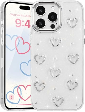 EYZUTAK Case for iPhone 15 Pro Max, Cute Bling Glitter 3D Hearts Case,Heart | Sparkly Crystal Clear Phone Cover, Heart Aesthetic Design, Slim Soft Durable TPU Transparent Protective Cover, for Women Girl