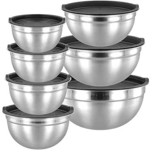 MOUYAT Mixing Bowl Set of 7, Stainless Steel Salad Bowls with Lids, Metal Mixing Bowls for Baking, Salad, Serving, and Storing, 0.75L, 1L, 1.5L, 2L, 2.5L, 4.5L, 7L