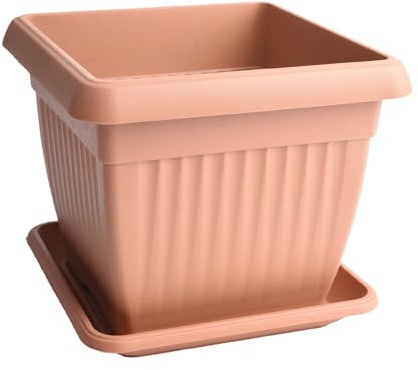B2C Terra Flower Pot with Matching Saucer Square Classic Terracotta Anthracite Plant Planter with Drain Plate traditional (Terracotta, 45cm)