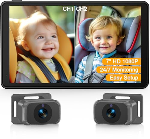 Baby Car Camera for 2 Kids - 7 Inch Split Screen, Dual HD 1080P Cameras, Night Vision, 360° Rotation, Easy Install Rear Camera for Safety and Convenience