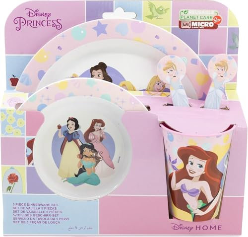 Disney Princess - Juego de vajilla de 5 piezas para niños, plato, cuenco, vaso de polipropileno reutilizable (260 ml) y cubiertos, sin BPA, apto para microondas y lavavajillas, ecológico, ideal para