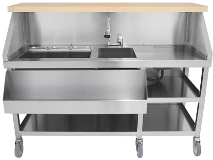 Mobile Cocktail Bar Station Stainless Steel Event Prep Serving Counter Wheels Insulated Ice Wells Shelves Sink Mixer Tap Speed Rail Gastro Pots Knife Holder Magnetic Whiteboard FREE Boston Shaker