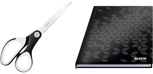 Leitz WOW Set Titan Qualitätsschere + Notizbuch A5 kariert, Hardcover, 160 Seiten, 80 Blatt, Für Rechts- oder Linkshänder, Haushaltsschere für zu Hause oder Schule, Schwarz, 53192095 + 46281095