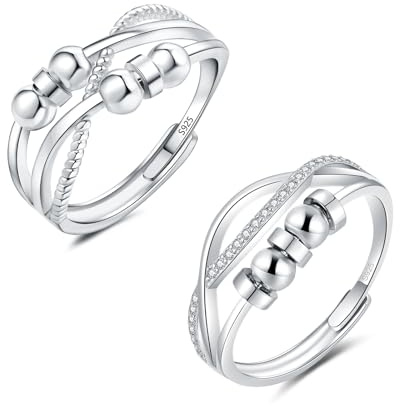 Bewenda Silber Anxiety Ring Set, 925 Sterling Silber Angst Ringe für Damen, Verstellbar Spinner Fidget Ringe Set, Offen Einstellbar Anti Stress Ring, Stimmungsring mit Perlen Bead gegen Angst Stress