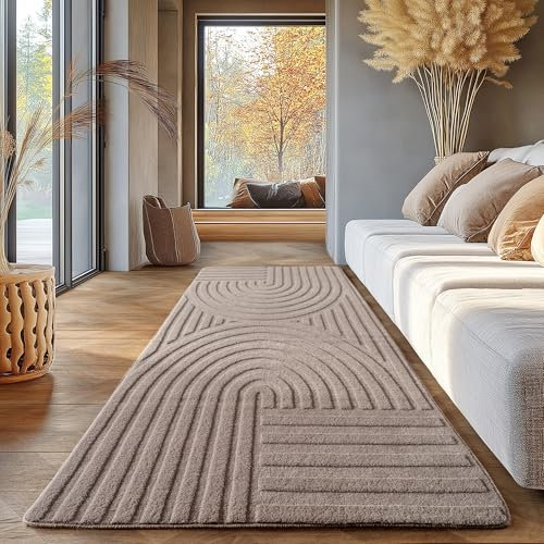 SIMPEX Skandinavischer Boho Teppich Einfarbig Beige 80x150 cm, Deko Teppich, Waschbar, 3D-Effekt, für Wohnzimmer und Schlafzimmer, Läufer