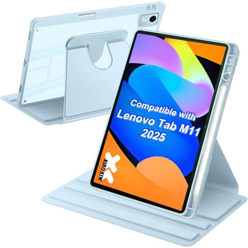 A-BEAUTY Custodia Rotante Compatibile con Lenovo Tab M11 11 Pollici 2025 con Portapenna, Rotazione a 360 Gradi Supporto Trasparente Cover, Auto Svegliati/Sonno, Blu Cielo