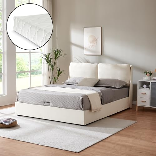 [en.casa] Polsterbett Lunner 160 x 200 cm Doppelbett mit Matratze und Stauraum gepolstert Stauraumbett Bettgestell mit Lattenrost und Bettkasten gepolsterstes Kopfteil Beige