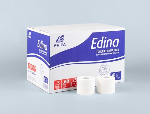 Fripa Toilettenpapier Edina, 3-lagig, 60 Rollen – Weiß, weich & reißfest, Premium-WC-Papier für empfindliche Haut, hygienisch & umweltfreundlich