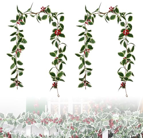 2 ghirlande di bacche natalizie artificiali verdi agrifoglio, ghirlande natalizie per interni ed esterni, corda da appendere, decorazione da giardino per Capodanno, camino, decorazione da tavolo