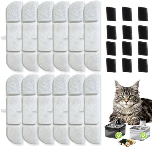 12 Stück Katzenbrunnen Filter für DownyPaws Trinkbrunnen 2,5 L DPWFP6, Filter für Katzenbrunnen Ersatzfilter, 12 Filter Kartuschen und 12 Schaumstoff Schwämme