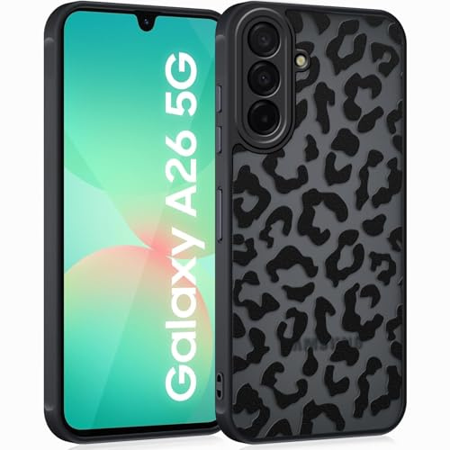 Coqinen Handyhülle für Samsung Galaxy A26 5G Hülle, Matt Transluzente Case mit Stilvolle Leopard Muster, Silikon Aesthetic Schutzhülle mit Kratzfeste PC Rückseite + Stoßfest TPU Bumper - Schwarz
