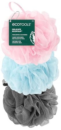 EcoTools EcoPouf 3 Pack Bath Sponge Set, Soft Recycled Netting Shower Poufs for Gentle Exfoliating & Daily Body Cleansing, Rich Lather Bath Sponges, Vegan & Cruelty-Free