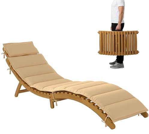 Outsunny Tumbona Plegable de Madera de Acacia con Cojín y Reposacabezas, Tumbona Jardín Exterior con Asa de Transporte, Carga 120 kg, para Patio, Terraza, Piscina, 183x54x63 cm, Beige