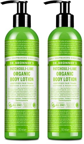 Dr Bronner's 3-in-1 Patchouli & Lime Organic Hand and Body Lotion, Made with Organic Oils. Used for Hands, Face and Body, Certified Fair Trade & Vegan Friendly, 236ml Recycled Pump Bottle (Pack of 2)