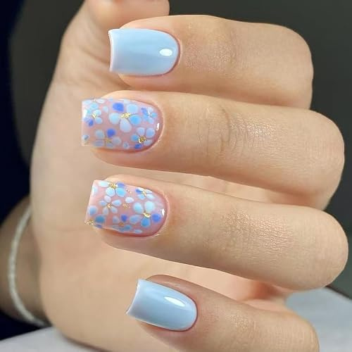 Light Blue Flowers Press on Nails Short Square Fake Nails Cute Blue False Nail Design Floral with Gold Glitter Glossy Acrylic Nails for Women Girls DIY Manicure Decoration 24Pcs