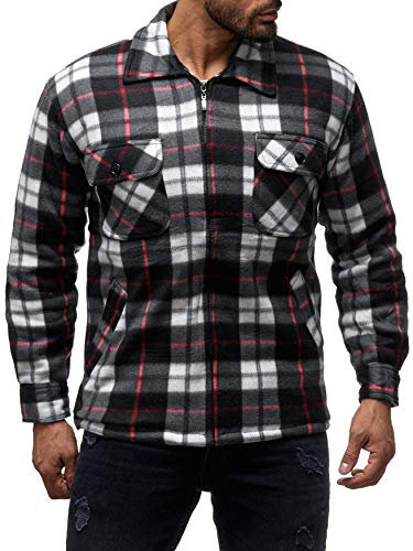 EGOMAXX Herren Thermohemd Holzfäller Gefütterte Jacke Kariert Flanell, Farben:Weiß-Rot, Größe Jacken:L