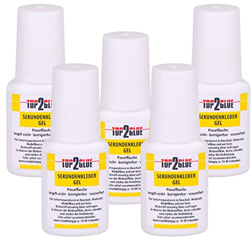 Sekundenkleber dickflüssig - Top2Glue Alleskleber extra stark - Sekundenkleber GEL 10g in der Pinselflasche - Nagelkleber - Tip Kleber - Bastelkleber - Kunststoffkleber wasserfest (5 Flaschen)