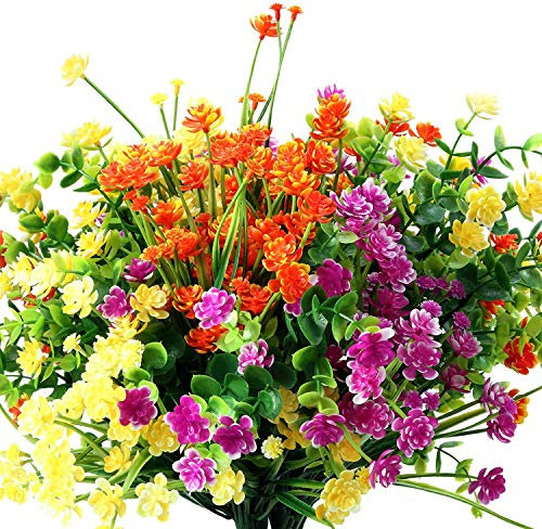 12 Stücke Künstliche Blumen 6 Arten Outdoor UV Beständige Sträucher Pflanzen zum Aufhängen Pflanzgefäß Zuhause Hochzeit Veranda Fenster Dekor (Gelb, Orange, Fuchsie)