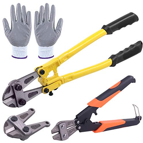 Glarks Bolzenschneider, 45,7cm (18 Zoll) schwerlast Bolzenschneider mit Ersatzkopf und 20,3cm (8 Zoll) Mini-Bolzenschneider mit Handschuhe, zum Schneiden von Drähten, Bolzen, Stangen, Nieten, Kette