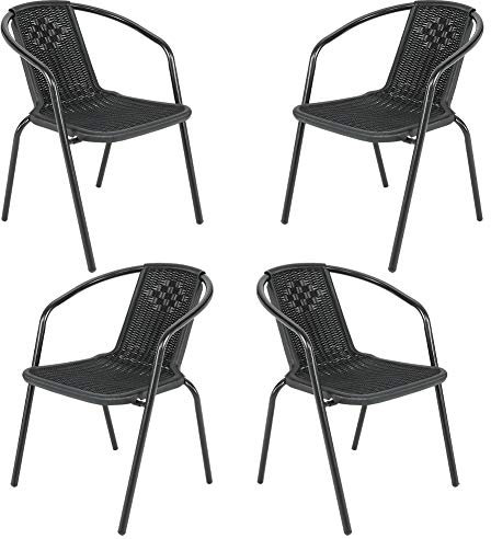 DKIEI 4 Pcs Outdoor Garden Wicker Rattan Bistro Chair Metal Frame Woven Seat, Black, 72 * 56 * 54.5cm