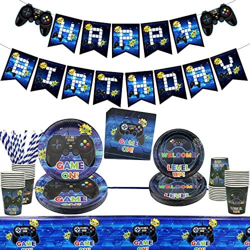 Décoration de Fête de Jeu Vidéo pour Garçons et Joueurs, Y Compris Assiettes, Tasses, Serviettes, Nappes (Bleu A)