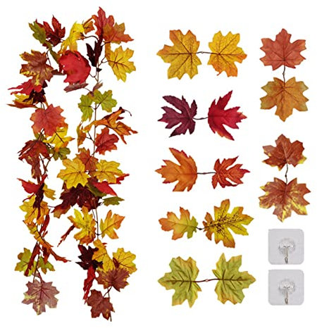 Artificielles Feuilles Automne Guirlande, Multicolore Artificielle Feuilles d'érable Vigne Fausse Plante Tombante pour Thanks-Giving, Mariages, Noël, Fête et décoration d'extérieur, 7 Leaf