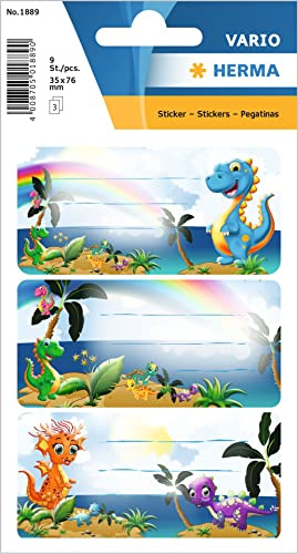 HERMA 1889 Buchetiketten zum Beschriften Dino, 9 Stück, 76 x 35 mm, selbstklebend, liniert, Buchaufkleber für Schule Kinder Mädchen Jungen, mehrfarbige Heftetiketten Aufkleber, bunt