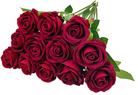 通用 Sepikvin 12 Stück Künstliche Rosen, Lebensechte Samtblumen mit Langem Stiel Künstliche Rosen für Hochzeitsstrauß Zuhause Party Büro Mittelstücke Hotel Blumenarrangements Dekoration (Dunkelrot)