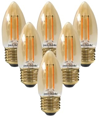paul russells LED Candle Filament Light – 2.5W 20W Equivalent Replacement, 200LM Lumens, 2200K Extra Warm White, ES E27 Edison Screw C35 Bulbs – Energy Saving Non-Dimmable Lamps - Pack of 6