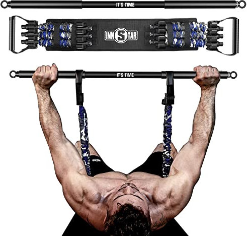 INNSTAR Tragbares Bankdrücken Widerstandsbänder, Verstellbare Bench Press Bands mit 91cm Fitness Stange, Brusttrainer für Arm, Rücken, Bizeps und Brustmuskeln Krafttraining (Women|105LB with Bar)