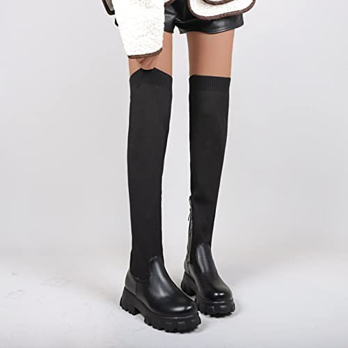 Frdun Stivali alti da donna con plateau, stivali spessi con cerniera laterale, tacco lavorato a maglia, coscia piatta alta sopra il ginocchio elasticizzato stivali da equitazione
