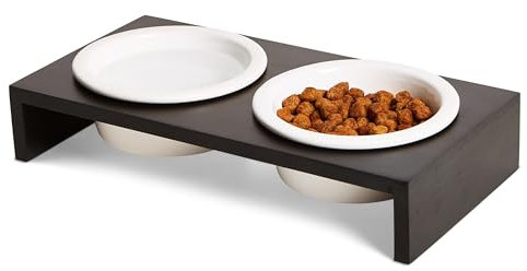 PETLINUS Futterstation Katzen Erhöht, Ergonomischer Katzennapf Erhöht, Katzen Fressnapf Keramik und Holz, Futternapf Katze Erhöht für Katzen und kleine Hunde, fressnapf Katze erhöht (Schwarz)