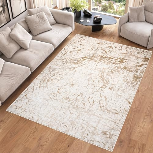 TAPISO Hera Teppich Kurzflor Glänzend Creme Beige Abstraktes Muster Verwischt Meliert 3D Effekt Wohnzimmer Schlafzimmer Modern Design ÖKO-TEX 160 x 230 cm