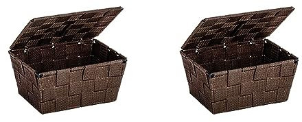 WENKO Aufbewahrungskorb mit Deckel Adria Braun - Badkorb, Polypropylen, 19 x 10 x 14 cm, Braun (Packung mit 2)