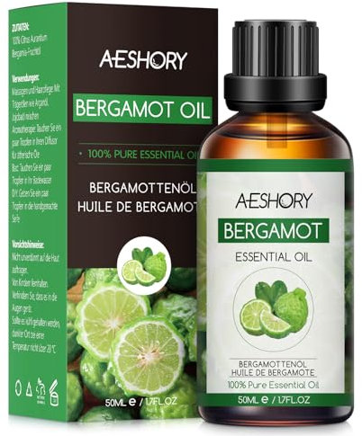 AESHORY Olio Essenziale di Bergamotto 50ml, 100% Puri Naturali Oli Essenziali Aromaterapia di Grado Terapeutico per Diffusori, Cura della Capelli e Pelle, SPA, Massaggio, Bagno