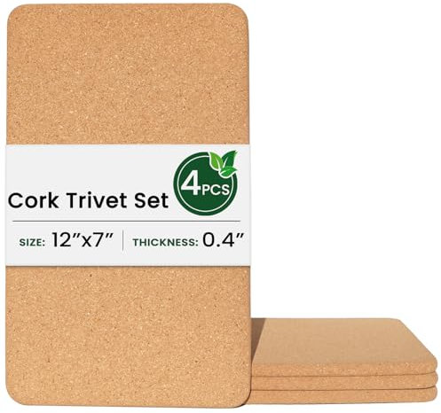 KITWILD High Density Rectangle Thick Cork Trivets for Hot Dishes, Plates, and Kitchen Countertops, Fine Particle 12x7 Inch Heat Resistant Cork Placemats Cork Pads for Hot Pots and Pans, 4 Pcs