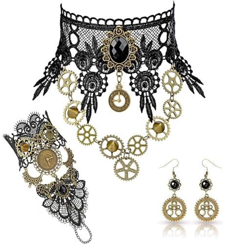 WUSANNA 3 Stück Steampunk Kostüm Damen Steampunk Zahnräder Gesicht Steampunk Accessoires Damen Steampunk-Accessoires Gothic-Schmuck Steampunk-Halskettenset Für Damen Halloween-Karneval-Kostümzubehör