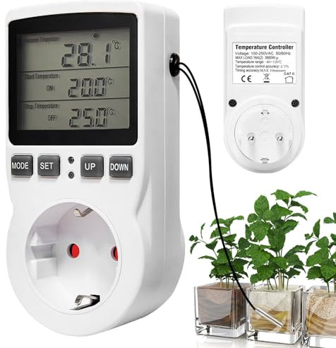 Temporizador De Toma De Termostato-230 V Enchufe con Termostato Pantalla LCD, Enchufe Termostato con Temporizador Y Sonda, Termostato De Enchufe para Invernadero, Terrario, Calefacción, Refrigeración
