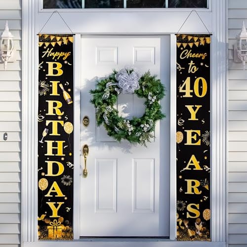 Happy 40th Birthday Door Banner Black Gold 40th Birthday Party Decorations, 40th Birthday Door Decorations Porch Hanging Banner for Women Men 40 Year Old Indoor Outdoor Garden Black Gold