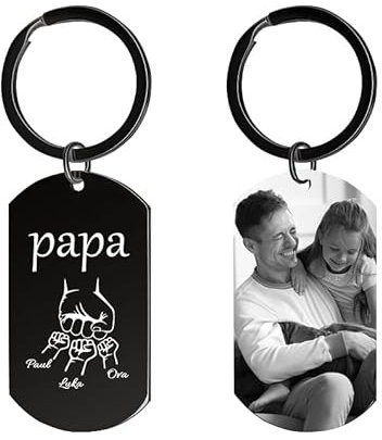 HOBULL Vatertagsgeschenk für Papa Schlüsselanhänger Personalisiert, Geschenk für Papa, Fauststoß-Design Schlüsselanhänger Foto mit Namen, Vater Geburtstagsgeschenk Personalisierte von Tochter Soh