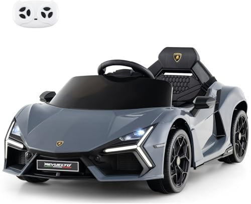GYMAX Kids Ride on Car, 12V Battery Powered Licensed Lamborghini Car with Remote Control, Music, MP3, USB, Lights, Soft Start and Hydraulic Doors, Children Electric Vehicle for 3+ Years Old (Gray)