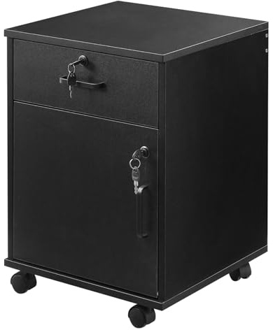 LEMROE 2 Drawer Lockable File Cabinet with Wheels, Under Desk Drawers Black | Small Rolling Printer Stand for A4/Letter-Size Files, Wooden Chest of Drawers on Wheels for Home Office, Assembly Required