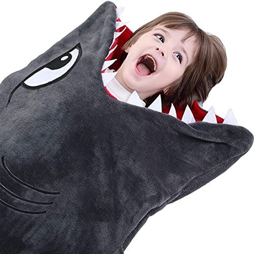 CozyBomB Hai-Decke für Kinder - Glattes Einteiler-Kuschel-Design - Robustes nahtloses Kuscheln - Plüschwurf - Vergrößerte Größe Grauer Schlafsack mit Flosse - Geburtstag für Jungen und Mädchen